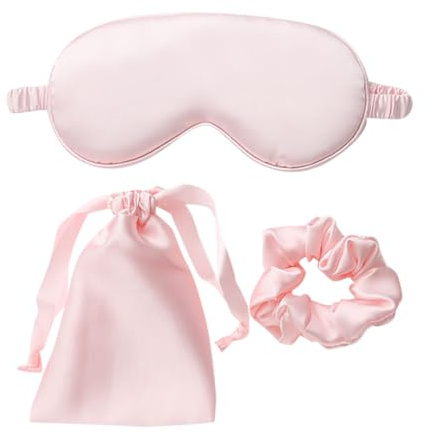 JIHUOO 3-teiliges Schlafmasken-Set aus künstlicher Seide, Satin, Schlafmaske, Haargummis, Nacht-Augenbinde, Verdunkelung, Augenabdeckung, Hochzeit, Brautjungfer, Geschenke, Rosa