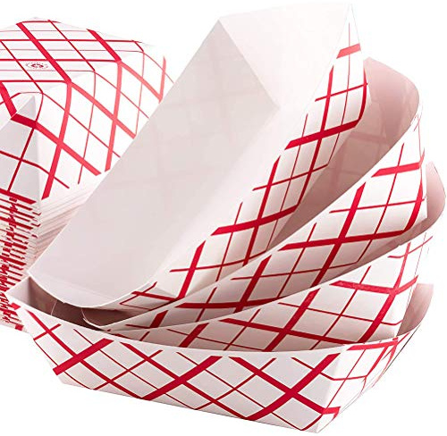 Ausla Greaseproof Paper Food Trays, 50pcs Disposable Cardboard Food Containers for Parties, Festivals & Events – Red & White S Size (1/4LB Capacity)