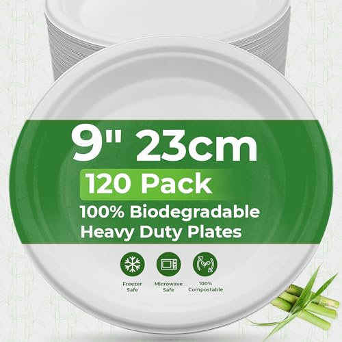 PRIME FEEL Disposable Paper Plates 9 Inch [120 Pack] 100% Compostable Sugarcane Heavy-Duty Eco Friendly Plates for Party Events, BBQs, Camping, and Picnics