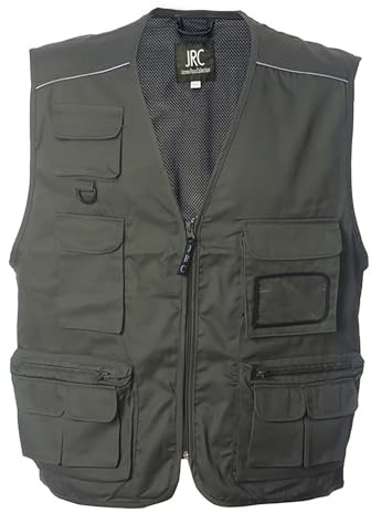 Siry Work Gilet senza maniche uomo multitasche, in cotone e poliestere, pesca, logistica, con tasca portabadge a scomparsa e profili rifrangenti, JRC Art. New Safari
