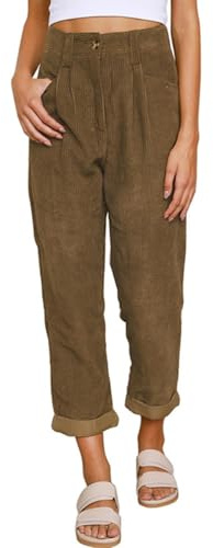 CheChury Damen Cordhose Lässig Cord Hosen Hohe Casual Taille Lange Elegant Nadelstreifen Freizeithose Gerade Bein Baggy Hosen Mit Taschen Knopfleiste Reißverschluss Einfarbig Freizeithose