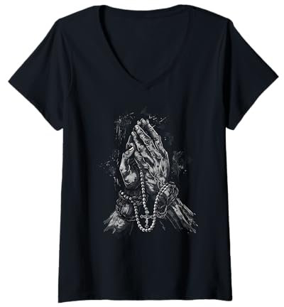 Damen Christentum betende Hände Rosenkranz betende Hände T-Shirt mit V-Ausschnitt