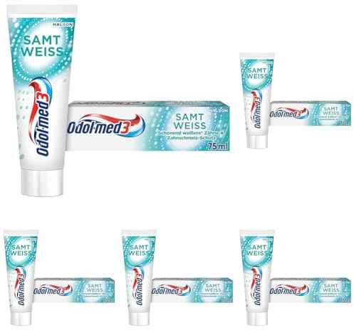 Odol-med3 Samtweiss weiße zähne Zahnpasta, 75ml, Whitening zahncreme, Pearl Technologie sorgt schonend für langanhaltend weißere (Packung mit 5)