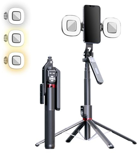 Performance Master 86 Inch 360° Rotation Extendable Selfie Stick & Tripod Stand with Dual Bluetooth Wireless Remote and 2 LED Fill Light and Phone Holder Compatible with iPhone Android Cameras Gopro