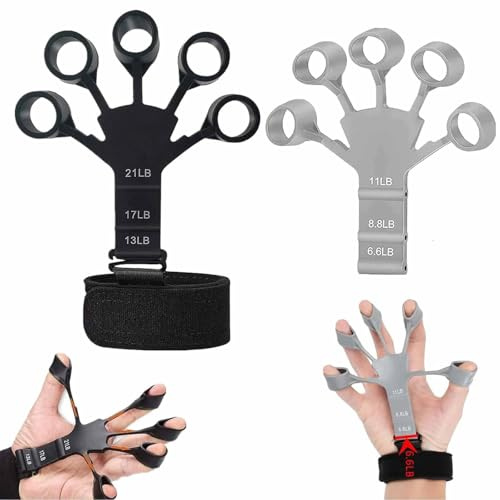 BOHUIMYI Finger Strengtheners, 2-Pack, 6 Levels | 2 silicone grip trainers, 6 resistance levels (6.6-21 LB). For climbing, guitar, tennis & office hand exercise.