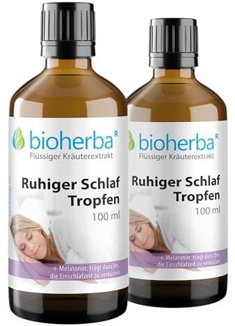 2 Stk. Ruhiger Schlaf Tropfen 100 ml – Mit Melatonin zur Verkürzung der Einschlafzeit* | Pflanzliche Rezeptur mit Baldrian, Johanniskraut & Passionsblume | Alkoholfrei | BIOHERBA