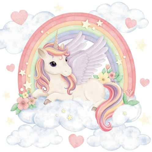 Wally Fox - Wandsticker Kinderzimmer - Wandtattoo Babyzimmer - Ungiftig, sicher - Set Einhorn, Regenbogen, Sterne, Wolken, Herzen L - rosa, violett, gelb, Pastellfarben - 52,5x80cm