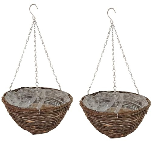 Quickdraw 2 x Rattan Hanging Baskets 14” – Round Outdoor Planters with Liner & Chains – Weather Resistant Wicker Basket Flower Pots for Garden Plants & Flowers