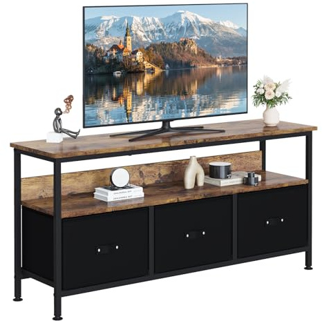 PortoAlegre TV Lowboard für Fernseher bis zu 55 Zoll - TV-Schrank mit 2 Offenen Fächern und 3 Schubladen - Holzmaserung Fernsehtisch für Wohnzimmer, Esszimmer, Schlafzimmer - 120x57x30cm - Vintage