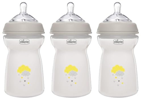 Chicco Natural Feeling Tripacco Biberon Anticolica 6 Mesi + da 330 ml, Biberon con Tettarella in Silicone Morbida e Flessibile, Adatto per Allattamento Misto, Flusso Veloce, Colore Neutro