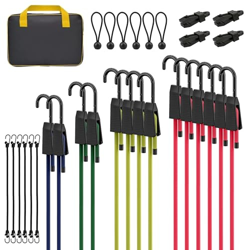 Rugtol Expander mit Haken, 30er Allzweck-Set für Outdoor mit 60 90 120 150 cm Verstellbar Spanngummi, 20cm J-Haken Seile, 10cm Spanngummis mit Kugel, Planenclips und Aufbewahrungstasche