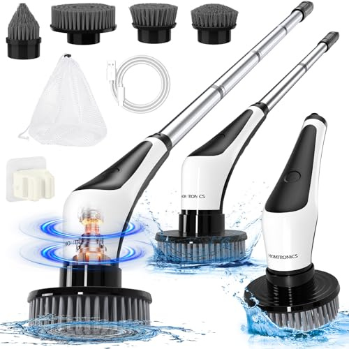 Brosse Electrique Nettoyage, [IPX8 Imperméable] Homtronics Brosse Rotative Nettoyage,sans Fil,avec Poignée Réglabl, pour Plancher,Bain,Voiture,Menage