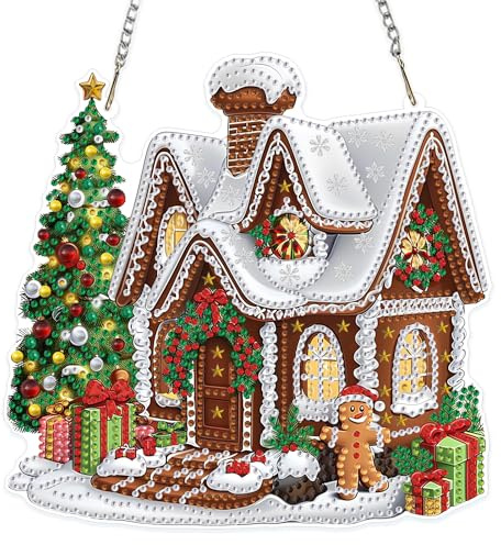 MOGTAA Weihnachten Diamond Painting Anhänger, Weihnachten Haus Diamond Painting mit Kette Kinder Erwachsene, Diamant Painting Fensterbilder Beidseitig, Hängende Ornament Bastelset Set für Wand Decor
