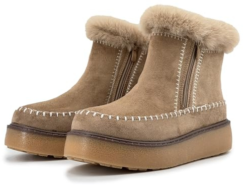 JOMIX Stivali Invernali Donna con Pelliccia Sintetica Stivaletti Zip Laterale Suola TPR Antiscivolo e Zeppa 4.5 cm Caldi e Comodi Effetto Camoscio da Inverno