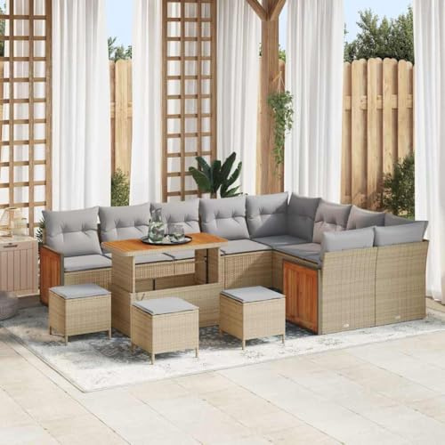 QJBSAVVA Outdoor Lounge Gartenset 13-TLG Poly-Rattan Sofa Beige Hellgrau 110x55x71 cm wetterfest mit Akazienholzplatte für Garten Balkon Terrasse Modernes Loungemöbel für Sommerfeste und Sonneninsel