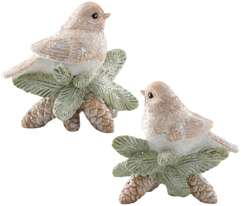 Logbuch-Verlag Dekofiguren Vögel 2er-Set – Wintervögel auf Tannenzapfen – natürliche Weihnachtsdeko aus Poly, Beige, je 8 cm breit