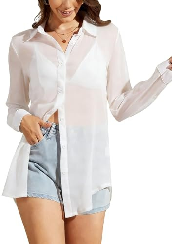 Gihuo Women Sheer Button Up Blouse Mesh Long Sleeve See Through Tops Sexy Mesh Shirts(White-M)