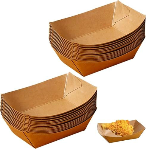 Gykutix 100Pcs Cuencos Aperitivos Desechables Bandejas de Cartón Kraft Cuenco Tipo Barco de Cartón para Patatas Fritas Snack Curry Salchicha Ensalada Macarons Aperitivos