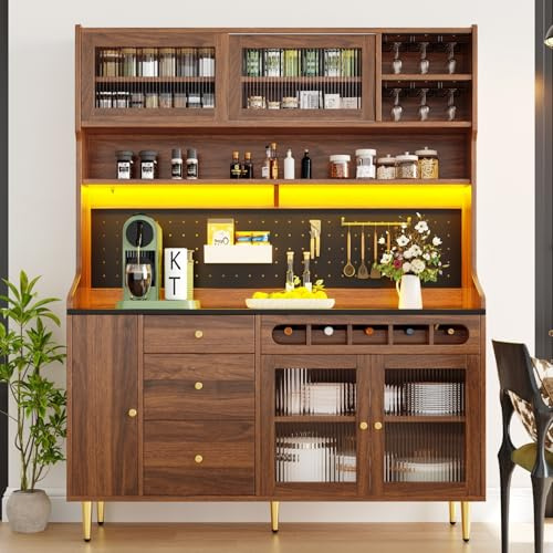YEHTOKHOME Vaisselier Cuisine avec Éclairage LED, Buffet Haut Cuisine, Portes Coulissantes en Verre, 4 Tiroirs, Cave à Vin Coulissante, Étagères Réglables, 145×39×171 cm (Naturel)