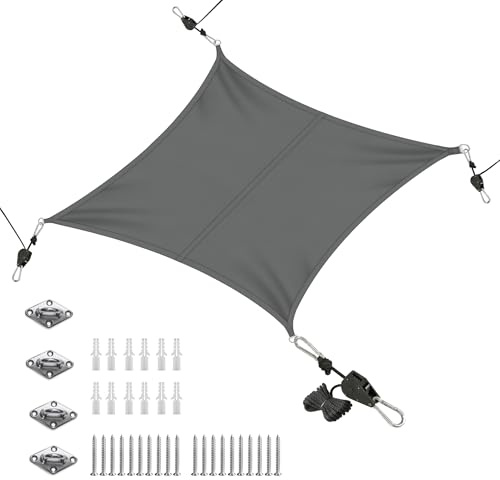 Sonnensegel Wasserdicht, Rechteckig Sonnenschutz 180 g/m² PES, 98% UV-Schutz Sonnensegel mit Ratschen-Montagezubehör für Außenbereich, Balkon, Terrasse, Garten, Dunkelgrau 3x3m