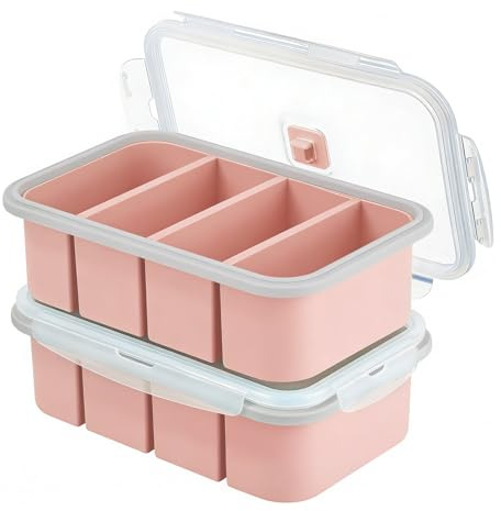 Set di 2 contenitori per congelamento in silicone con coperchio, 4 fori, per zuppa, gelato, brodo, salsa o burro, rosa