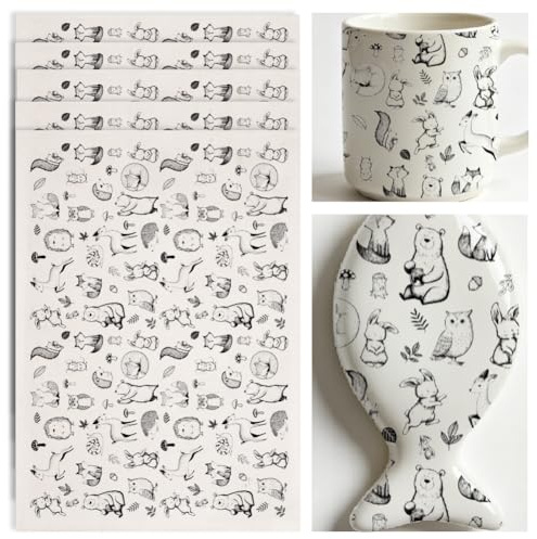 SUPERDANT 4 Stück Unterglasur Transferpapier Cartoon Waldtiere Schwarz Übergroße Keramik Abziehbilder für Tassen Teller Vasen Studio Töpferei Muster Blatt Ton Verwendung Handgemachte Vase 52x37cm