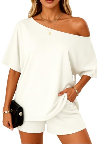 Women's Summer Two Piece Outfit Asymmetrical One Shoulder Top and Shorts Set Casual Loose Fit Short Sleeve Lounge Wear Vacation Beach Black Matching Set for Ladies
