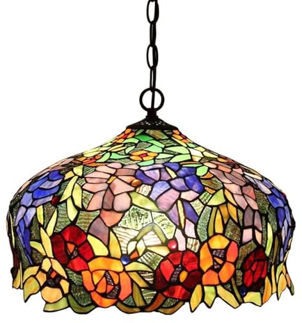 FUMAT Tiffany Pendant Light Rose Flower Stained Glass Hanglamp 16 Inch Wide Shade Chandelier Hanging Lights Fixture 110V Ceiling Pendant Lamp 2PCS LED Bulb Included