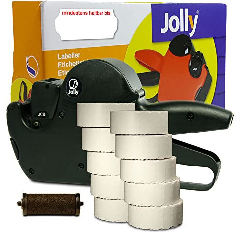 Preisauszeichner Set Jolly C8 inkl. 10 Rollen 26x12 Preisetiketten - weiss Tiefkühl + 1 Farbrolle | Aufdruck: mindestens haltbar bis | HUTNER