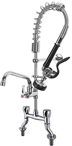 2 Hole Adjustable Bridge Sink Tap Commercial Kitchen Pre-Rinse Mixer Faucet with Swivel Spout and High Pressure Spray Gun Brass Body Chrome Plated,25 Inch High Taps