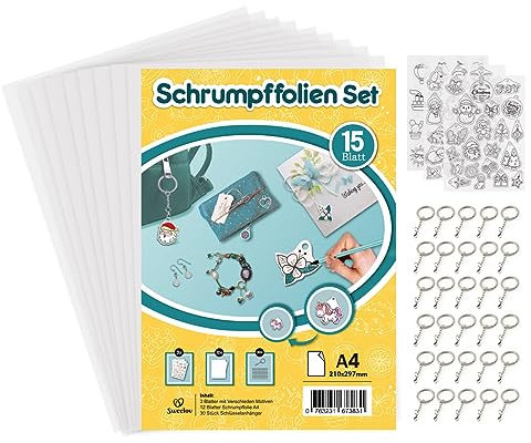 Sweelov 15 Blatt Schrumpffolien Set mit 30 STK Schlüsselanhänger A4 Schrumpfende Plastikfolie mit Motiven transparent Deko Folie für Handwerk