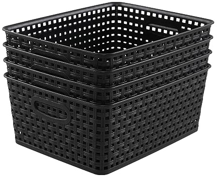 Qqbine Plastic Weave Storage Baskets, Plastic Shelf Basket Bins, Black, 4 Packs