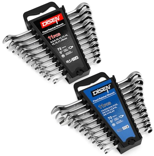 DISEN 22 PCS Ratcheting Wrenches Set, Combination Wrenches Set SAE & Metric Standard, 1/4 to 3/4 and 6-18mm Size, CR-V Steel, 12 Points 72-Teeth