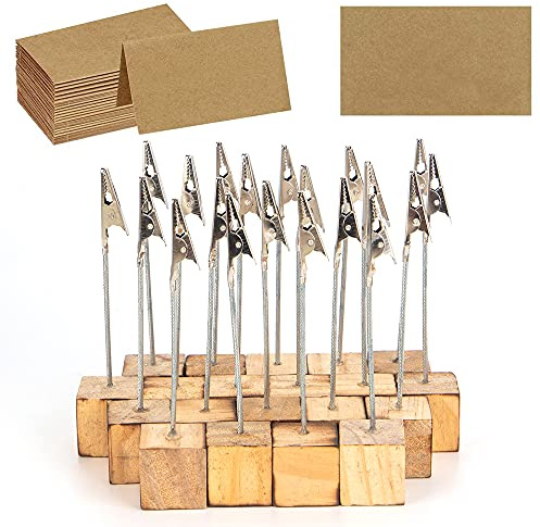 20 PCS Place Card Holders with Clips and Wood Stand, Photo Clips Stand for Table, Rustic Wood Table Number Holder with Memo Clips for Wedding Party Name Sign(with 30 PCS Kraft Cards)