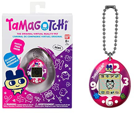 TAMAGOTCHI Bandaï Original - Purple-Pink Clock Shell with Chain - The Original Virtual Reality Pet - Watch Your Character Grow and Play Games - Retro 90s Toy Keychain