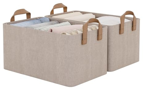 StorageWorks große Aufbewahrungskörbe, dekorative Aufbewahrungsboxen Stoff mit Metallrahmen, Kleiderschrank Aufbewahrungskörbe, Schrankkorb Aufbewahrung mit Griffen, braun & beige, 2 Stück