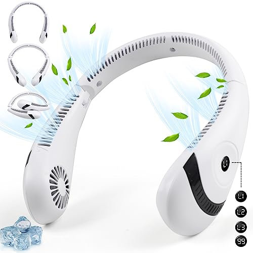 Fenshine Portable Neck Fan,3000mAh 3 Speeds,Hands Free Bladeless Mini Fan with 360°Cooling Airflow,Ultra Quiet Wearable,Leafless Hanging Bladeless Mini Neck Fan for Women Men Outdoor(White)