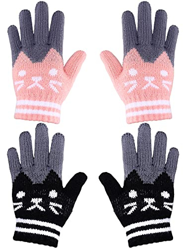 SATINIOR 2 Paar Winter Kinder Handschuhe Katze Fäustlinge Warme Gestrickte Handschuhe für 6-12 Jahre, Schwarz und Rosa