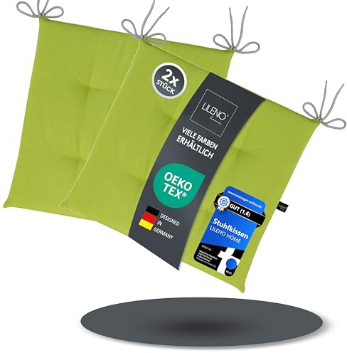 LILENO HOME 2er Set Stuhlkissen Apfelgrün (40x40x4,5 cm) - Sitzkissen für Gartenstuhl, Küche oder Esszimmerstuhl - UV-beständige Indoor u. Outdoor Stuhlauflage als Stuhl Kissen (Laura FUM)