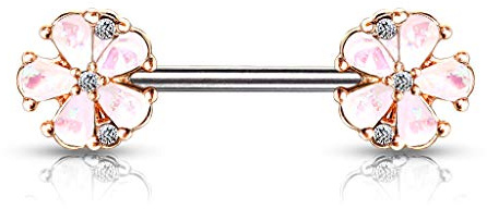 beyoutifulthings Brustwarzen-piercing Roségold Opal-Glitzer Blumen Pink Aqua Weiß Brust-piercing Nippel-piercing Chirurgenstahl Stab 14-mm