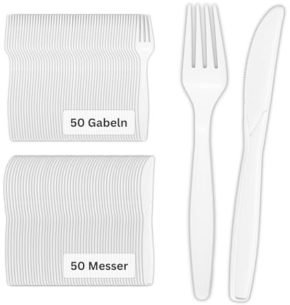 Linario® Gabel und Messer Set, Mehrwegmesser, biologisch abbaubar, kein Plastik, nachhaltig, je 50 Messer und 50 Gabeln, MSMEGA50, Weiß