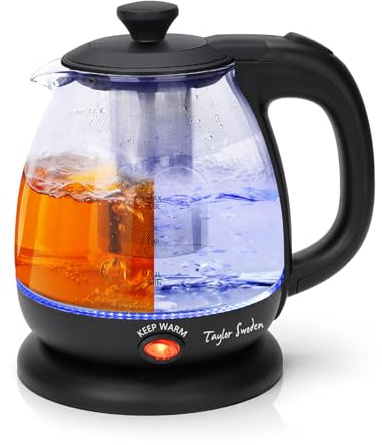 Taylor Swoden Hervidor de Agua Eléctrico de Vidrio Borosilicato 1L, 2200W, Hervido Rápido, Función Mantener Caliente, Infusor de Té Extraíble, Base 360°, Apagado Automático, Libre de BPA