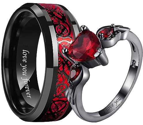 Custom Couple Rings Tungsten Matching Promise Rings for Him and Her Red and Black Wedding Rings for Couples Set Personalized Heart CZ Engagement Rings