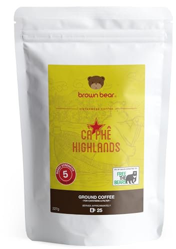Vietnamese Ground Coffee 227g - Very Strong Dark Roast Vietnam Robusta - Strength 5 - For Coffee Machines & Vietnamese Phin Ca Phe Drip Filter & French Press - Brown Bear - Donation To Free The Bears