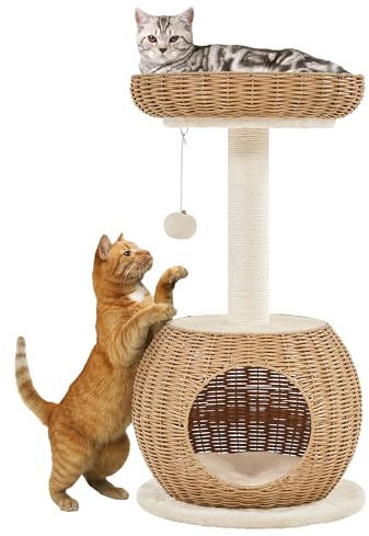 Yaheetech Cat Tree, 75cm Rattan Cat Tower with Luxury Rattan Weaving Cat Condo, Large Top Perch with Replaceable Cushion, Cat Scratching Post for Indoor Kitten, Beige