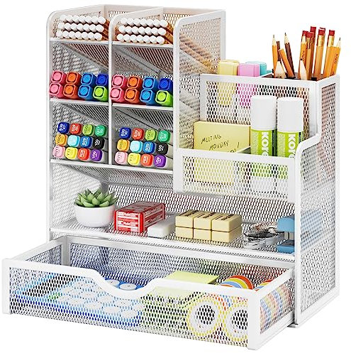 Marbrasse Organizer Scrivania,Multifunzione Rete Porta Penne per Scrivania,Desk Organizzatore,Portaoggetti Penne Cassetti per Casa e Ufficio(Bianco)