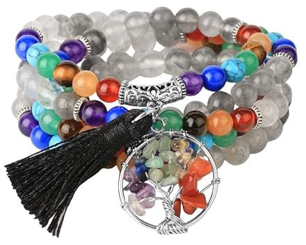 DyLyz Boho Mala Wickelarmband Lebensbaum Crushed Stone Charm Quastenarmband mehrschichtige wolkige Kristallsteinarmbänder Kristall Yoga Reiki Armreif Handgelenk für Frauen und Männer