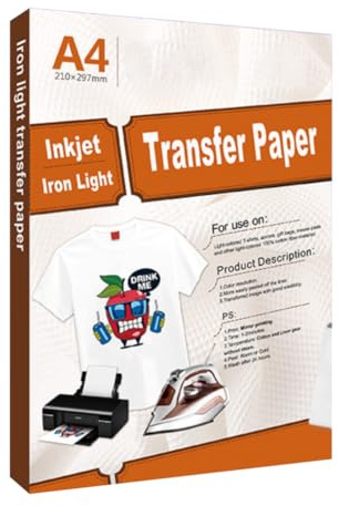 Uadme Transferpapier zum Aufbügeln, 20 Blatt A4 Inkjet T-Shirt Transferpapier Transferfolie Bügelfolie, für Weiße und Helle Stoffe, Langlebige Bilder, Einfach zu Schneiden