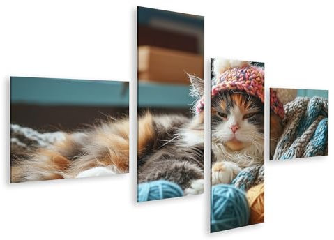 islandburner Bild auf Leinwand Katze mit Mütze schläft neben Wollknäuel Bilder Wandbilder Poster