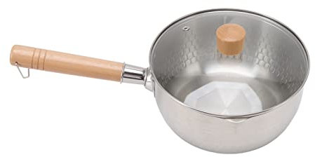 Premium mjölkkastrull i rostfritt stål, non-stick japansk panna med lock, trähandtag, säker för gasspis och mikrovågsugn, praktisk design, 14 x 20 cm, 1012 g